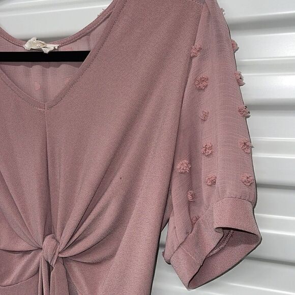 Rose FLOWER N Feather Tie Front Sheer Back Short Sleeve VNeck M Good Condition - Picture 4 of 8